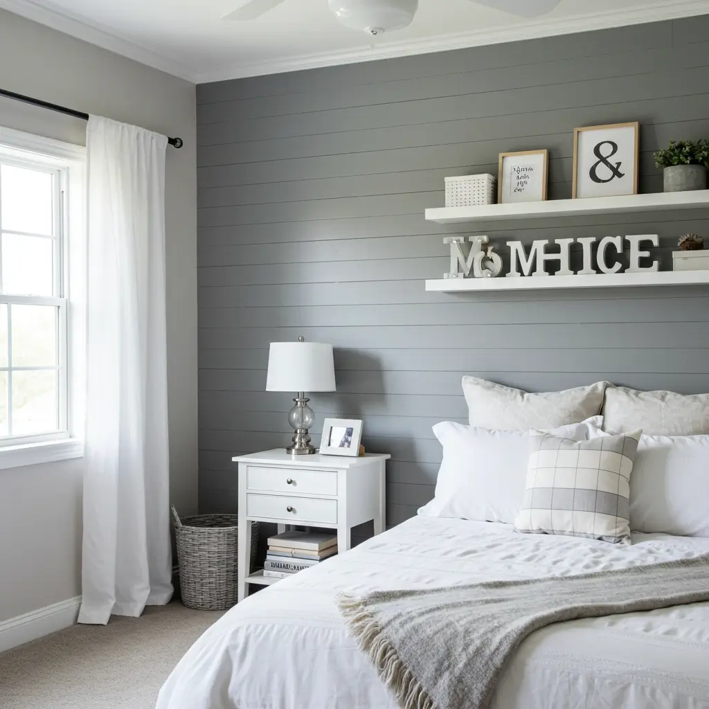 Grey Shiplap Accent Wall with White Decor