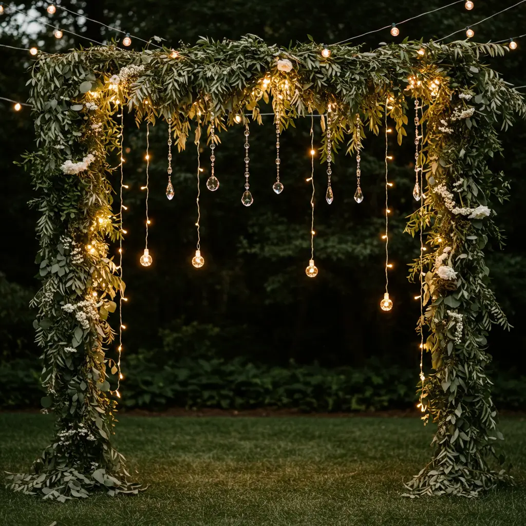 Hanging Greenery Arch with Crystal Droplets and Fairy Lights
