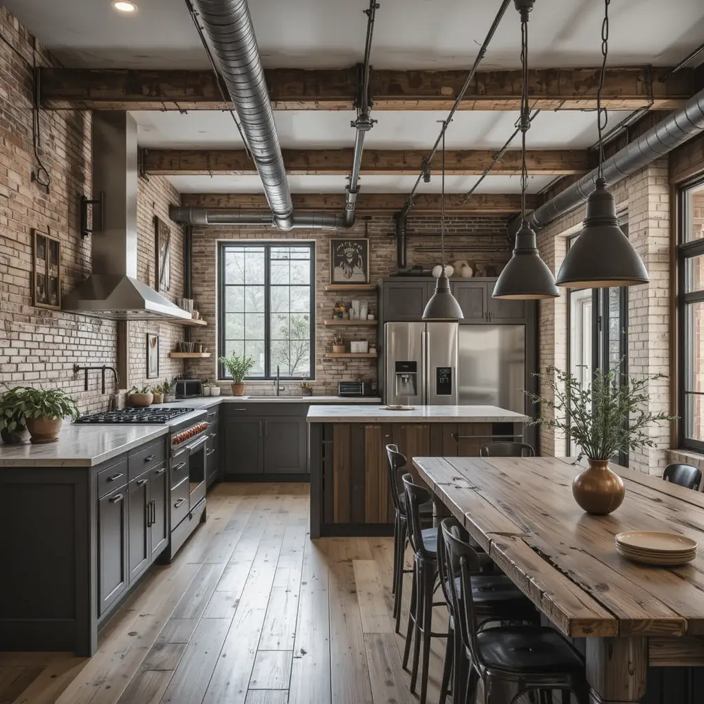 Industrial Style with Open Pipes and Exposed Beams
