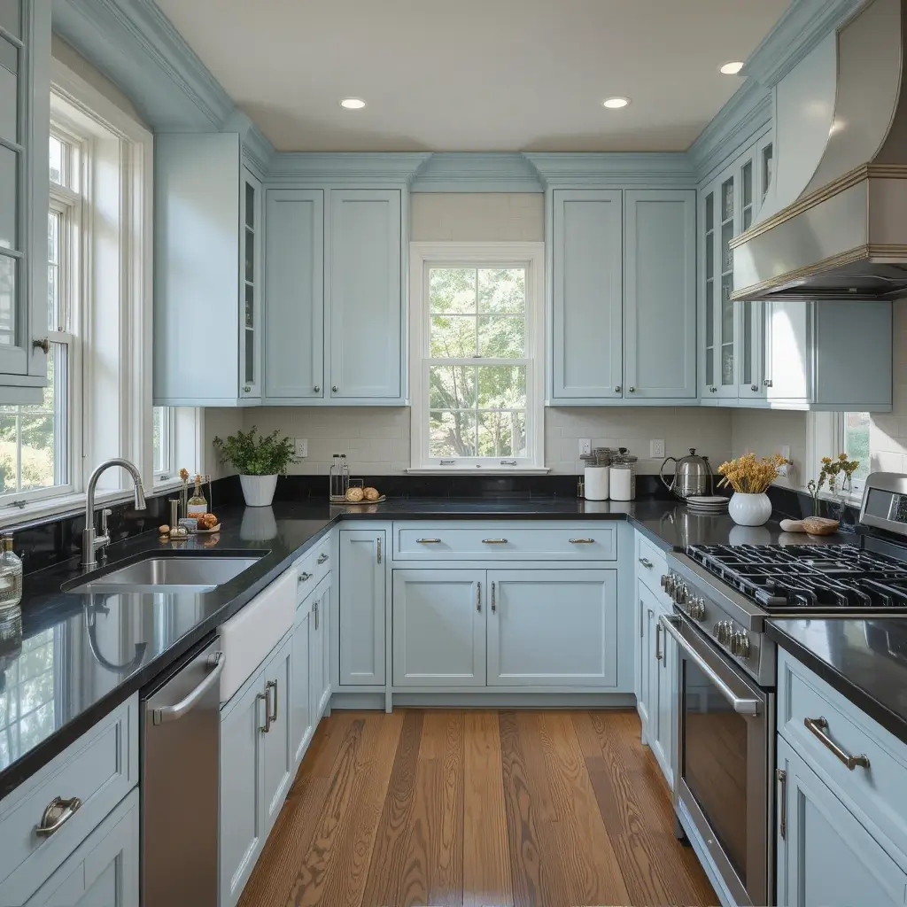 Light Blue Cabinets with Black Counters