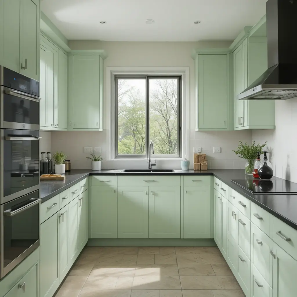 Light Green Cabinets and Black Countertops