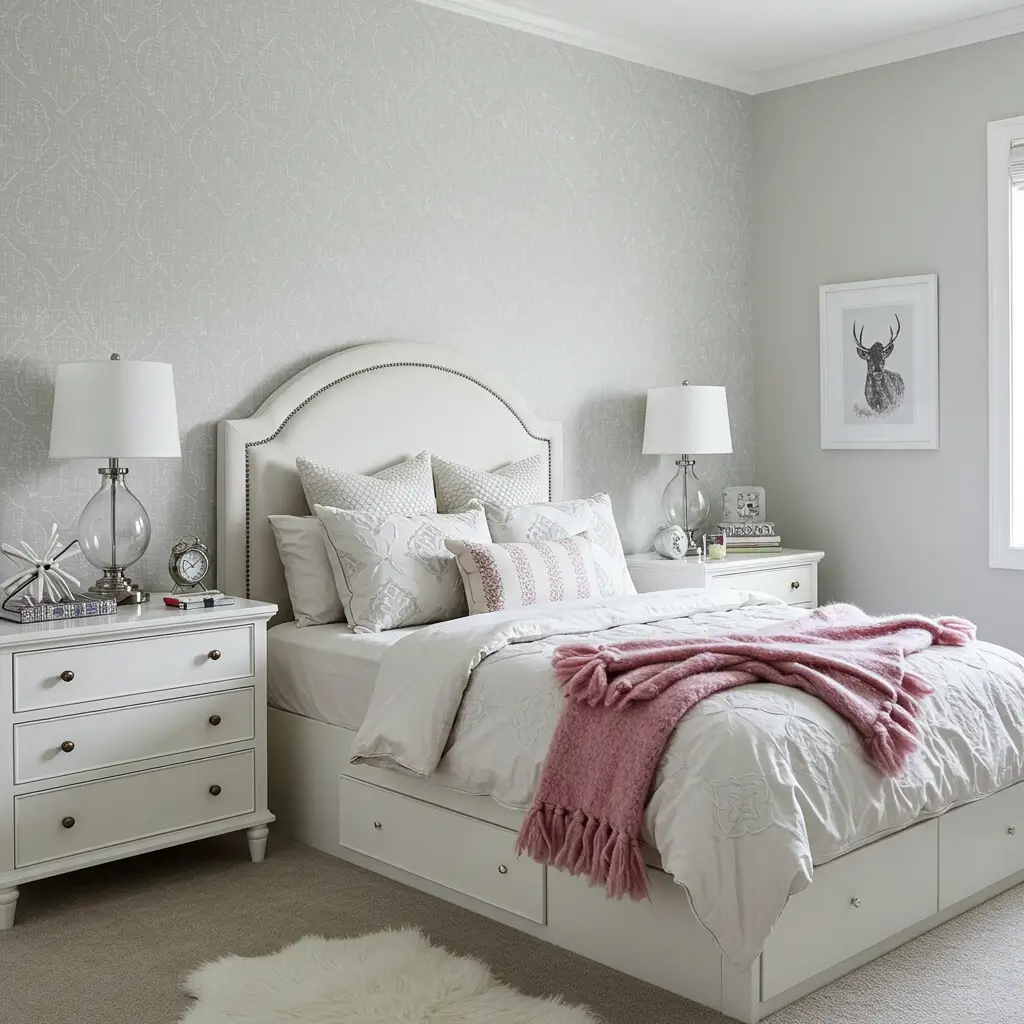 Light Grey Wallpaper with White Furniture