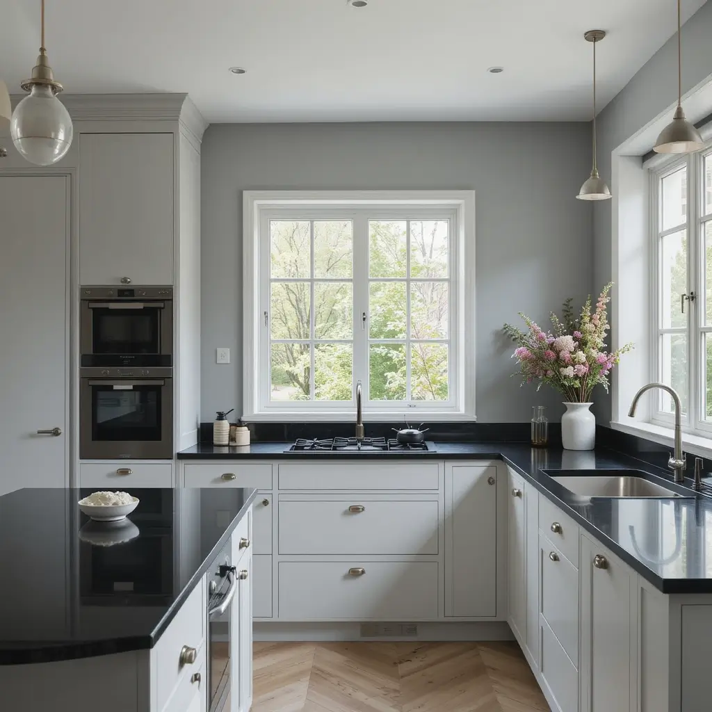 Light Grey Walls and Black Countertops