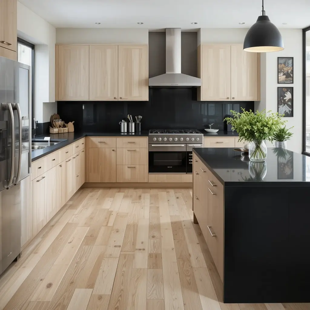 Light Wood Floors with Black Countertops