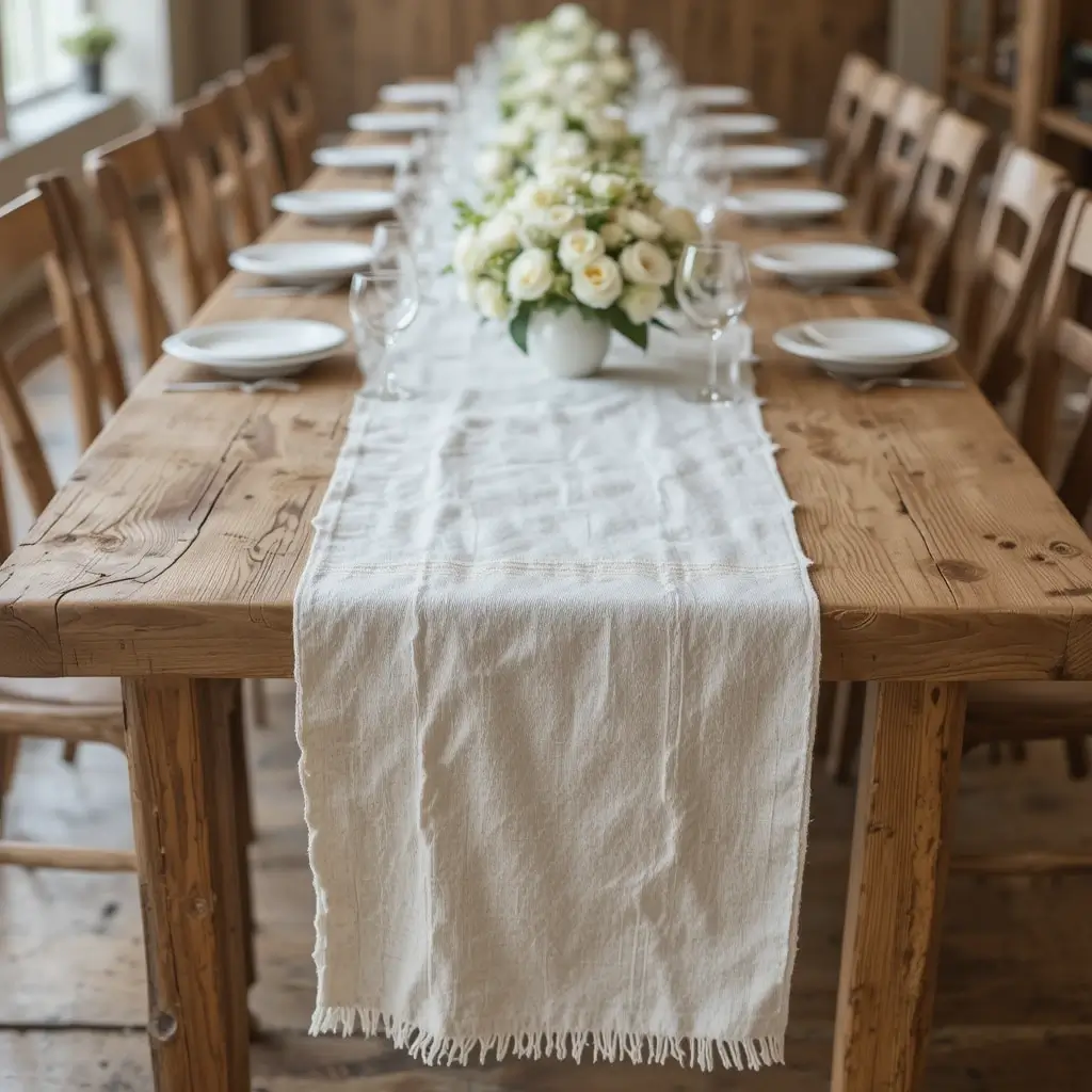 Linen Table Runner Over Raw Wood