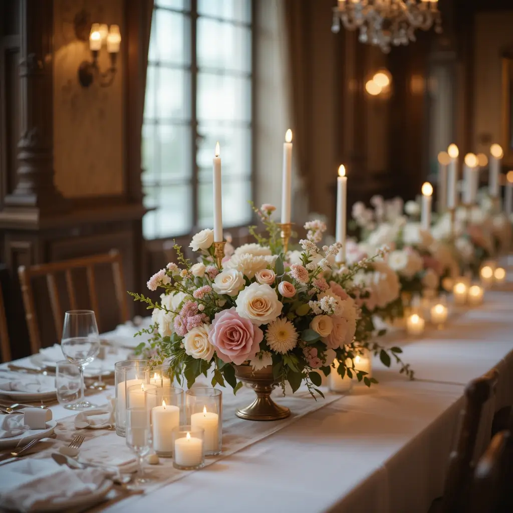 Low Floral Arrangements with Clustered Candles
