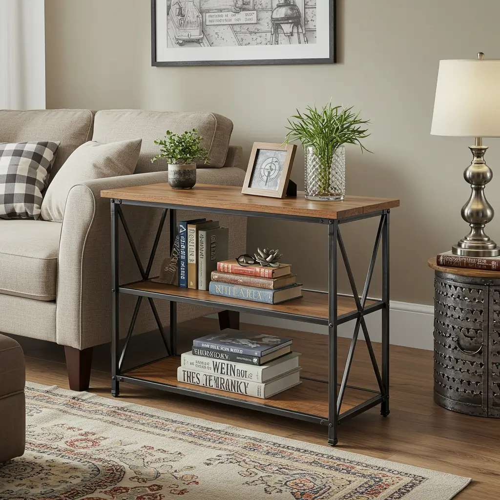 Metal Frame and Wood Top Sofa Table