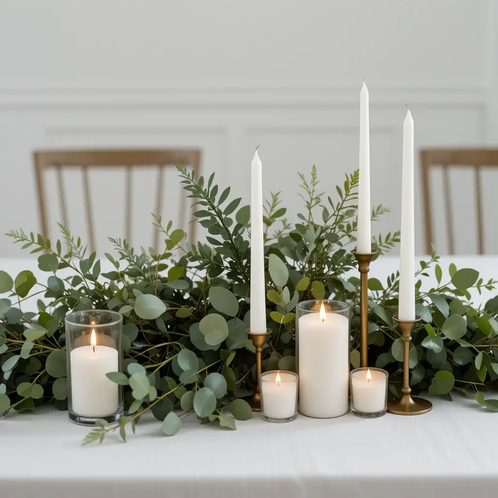 Minimalist Greenery and White Candle Groupings
