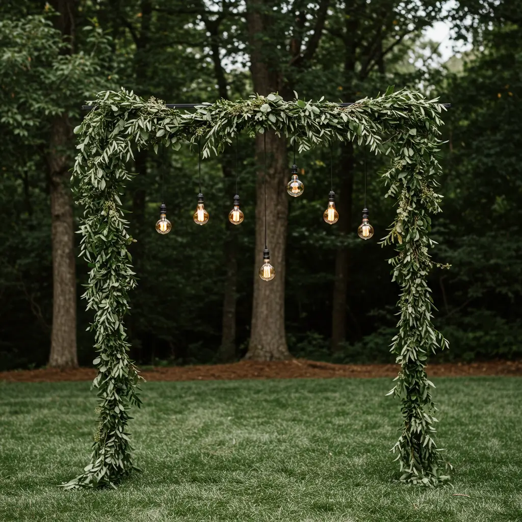 Minimalist Metal Arch with Greenery Garland and Edison Bulbs