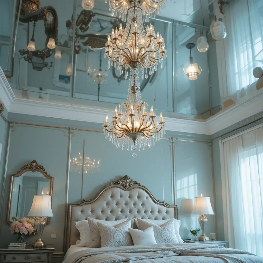 Mirrored Ceiling with Chandelier Reflection
