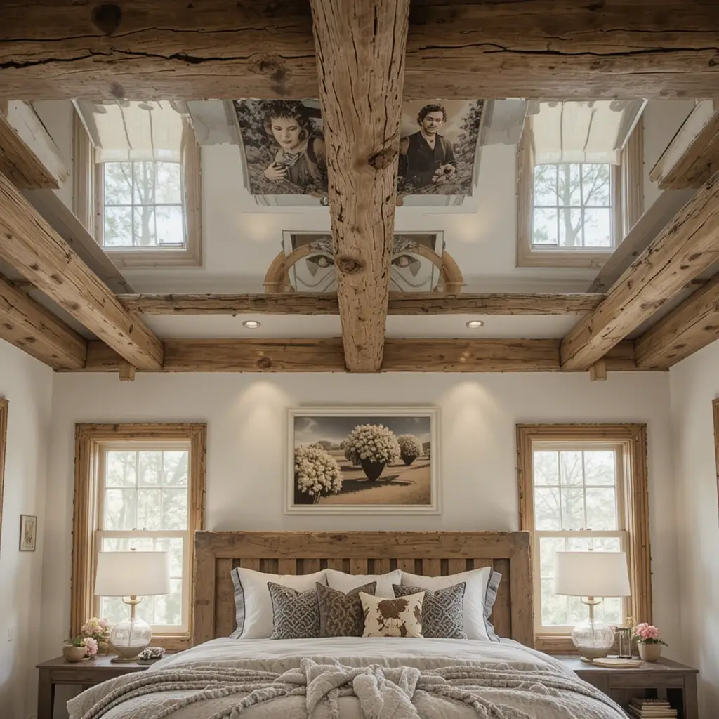 Mirrored Ceiling with Wood Beam Contrast