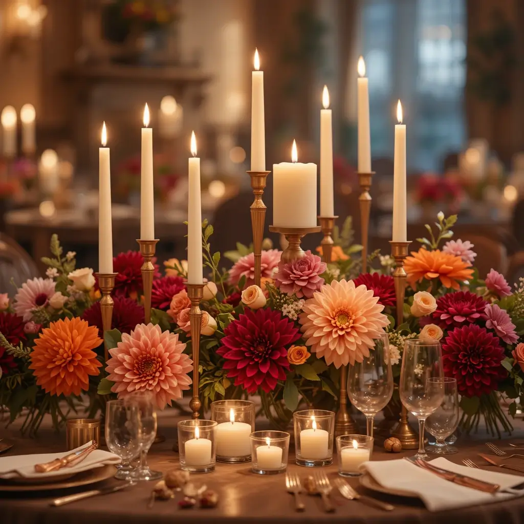 Mix of Taper and Votive Candles with Bold Blooms