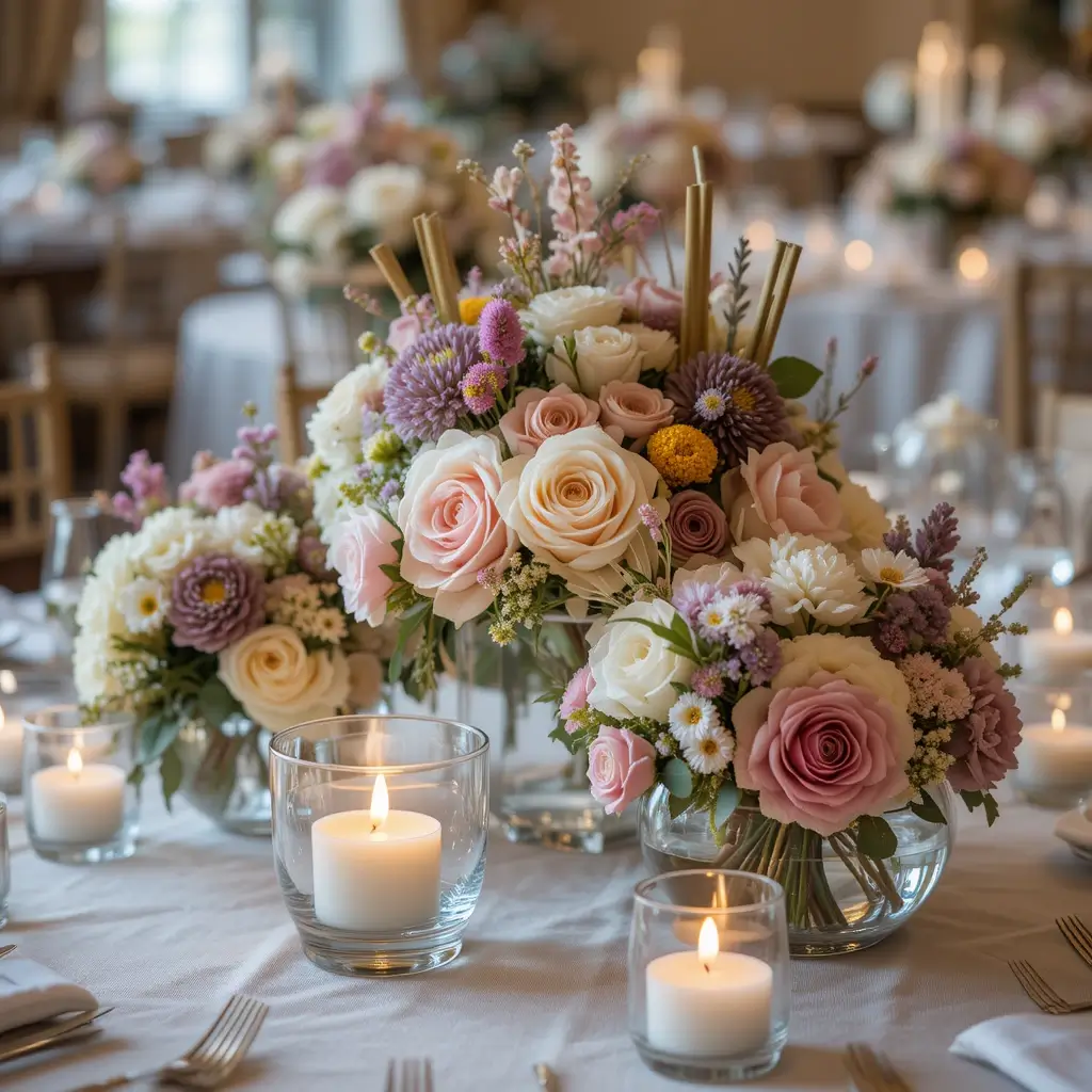 Mixed Floral Bouquets with Floating Candles