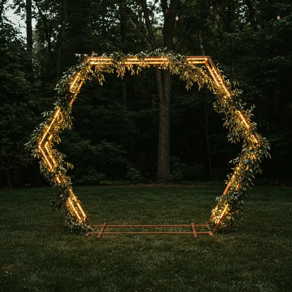 Modern Geometric Arch with Greenery and LED Strips