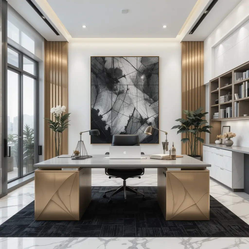Monochrome Workspace with Metallic Finishes