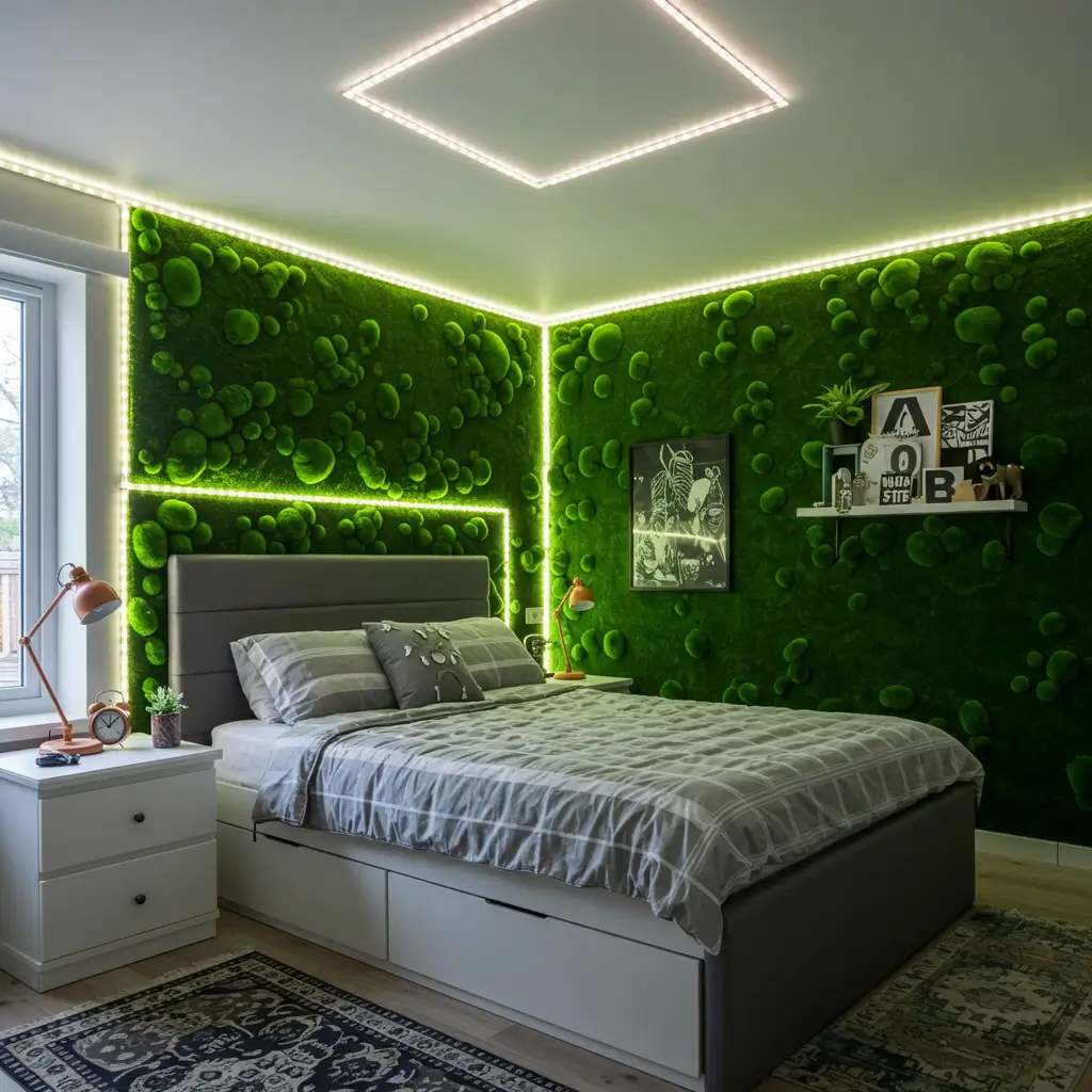 Moss Green Walls and LED Strip Lighting