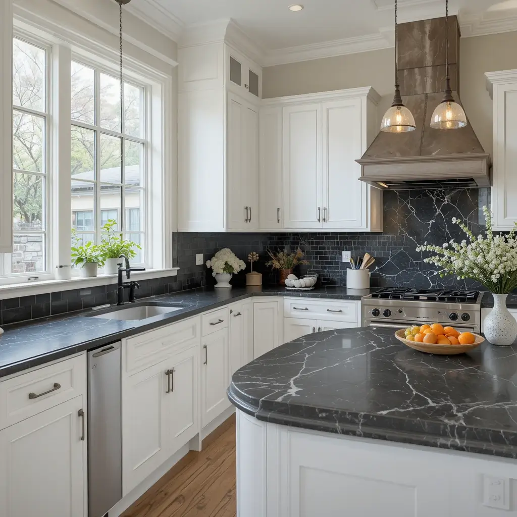 Natural Stone Countertops and White Cabinets