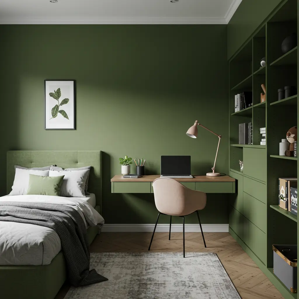 Olive Green Accent Wall with Floating Desk