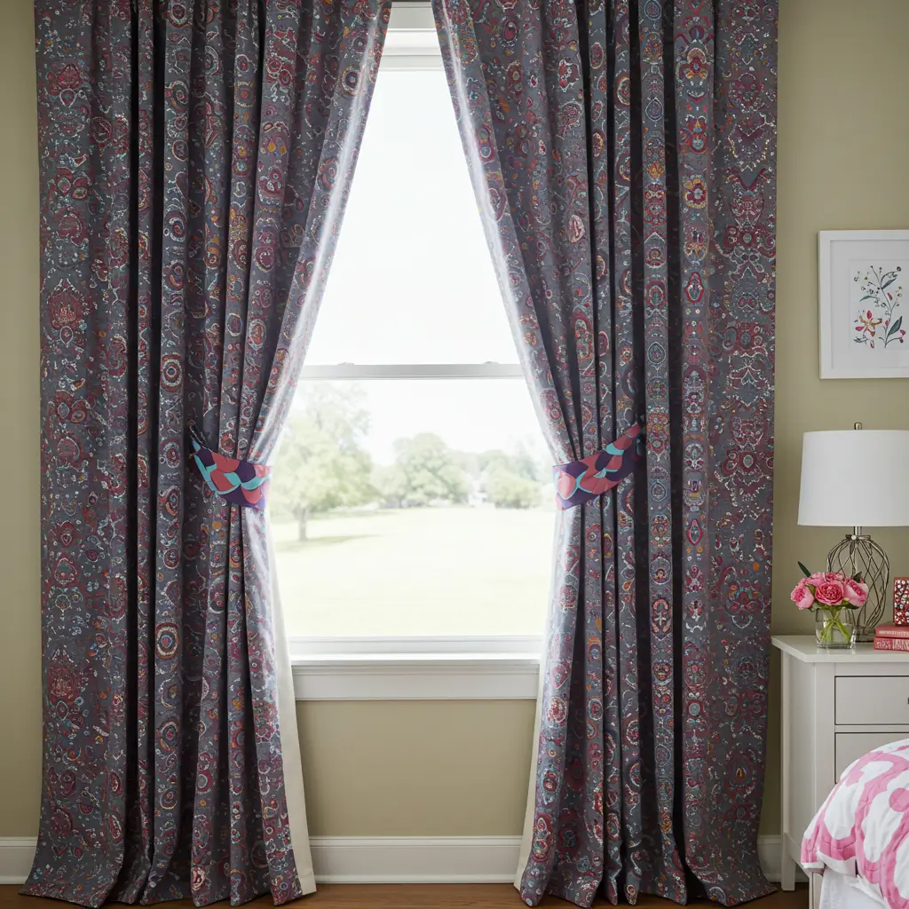Patterned Curtains with Contrasting Tiebacks