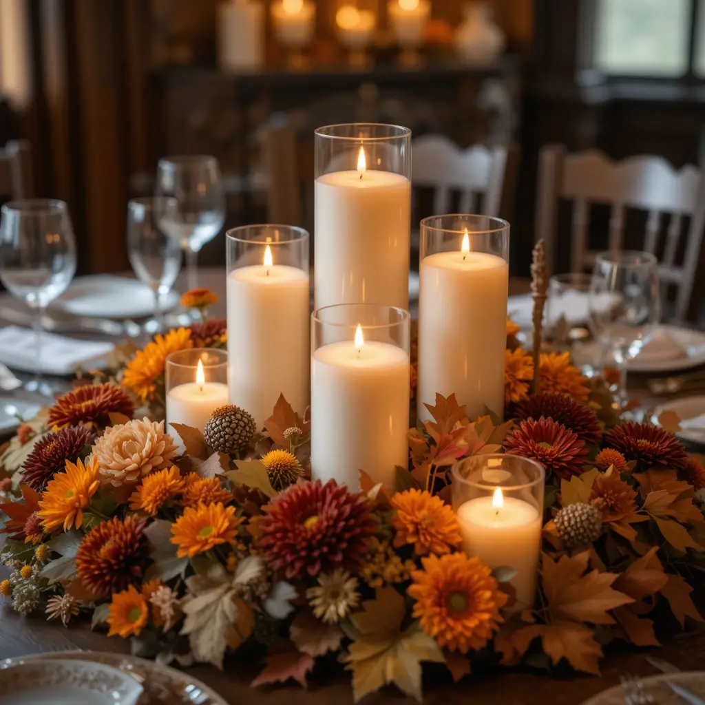 Pillar Candles Surrounded by Autumn Leaves and Flowers