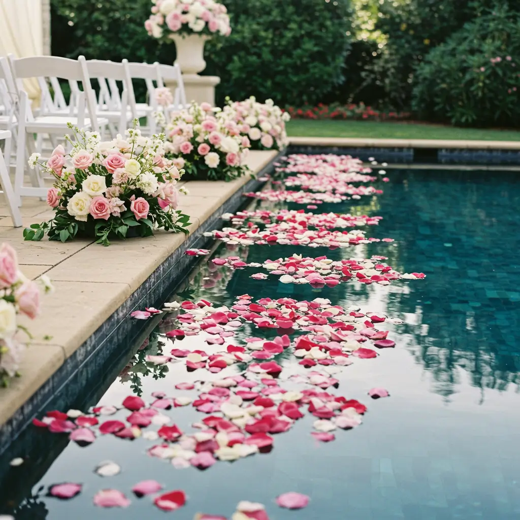 Pool-Side Aisle with Floating Petals