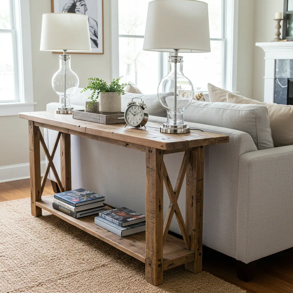 Reclaimed Wood Sofa Table Behind Couch