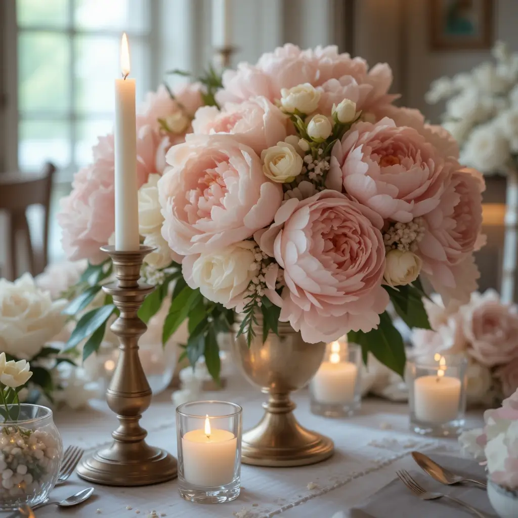 Romantic Peonies with Vintage Candleholders