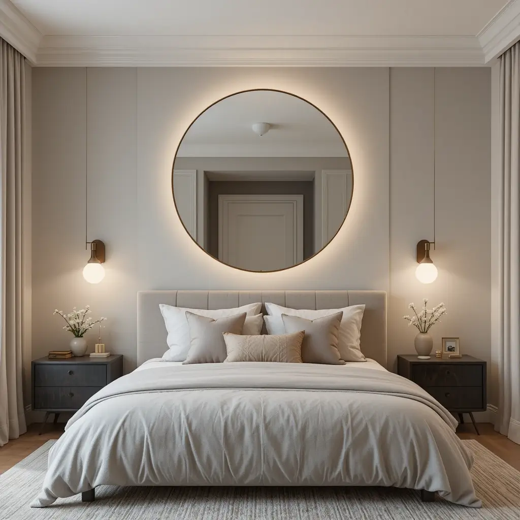 Round Mirror Above the Bed for Softness