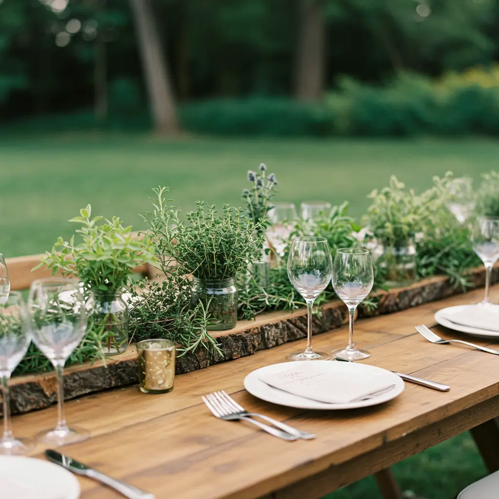Rustic Wooden Table with Herb Centerpieces