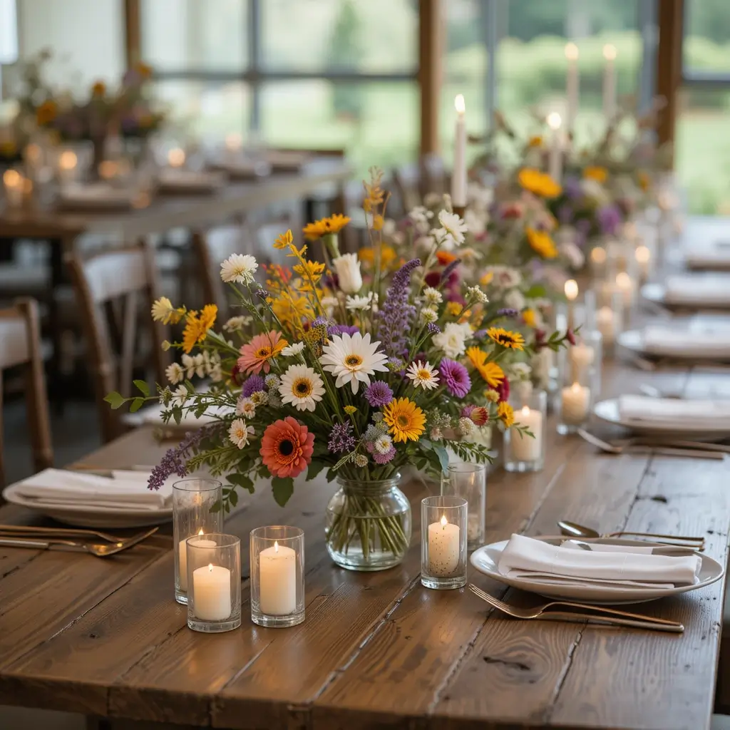 Rustic Wooden Tables with Wildflower Centerpieces