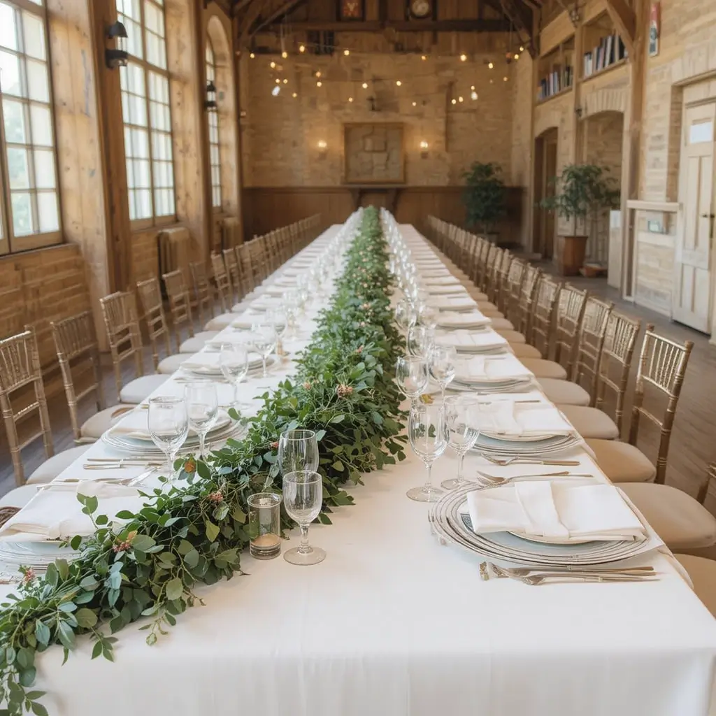 Simple White Linen with Greenery Runner