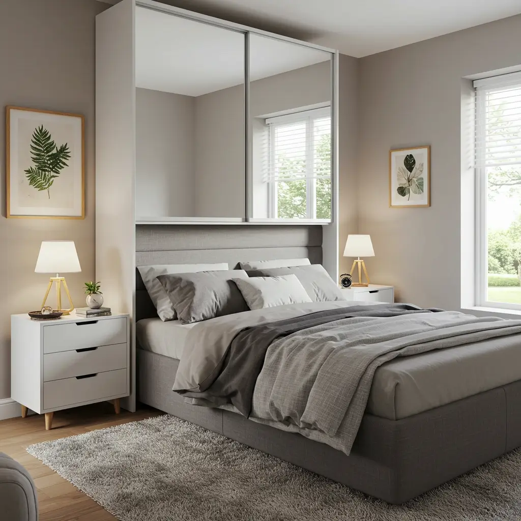 Sliding Mirror Cupboards Behind the Bed