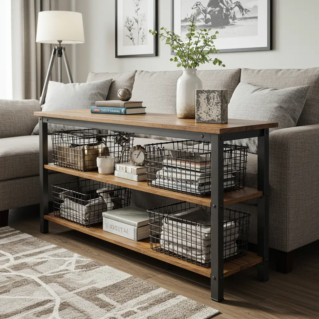 Sofa Table with Rustic Wire Baskets
