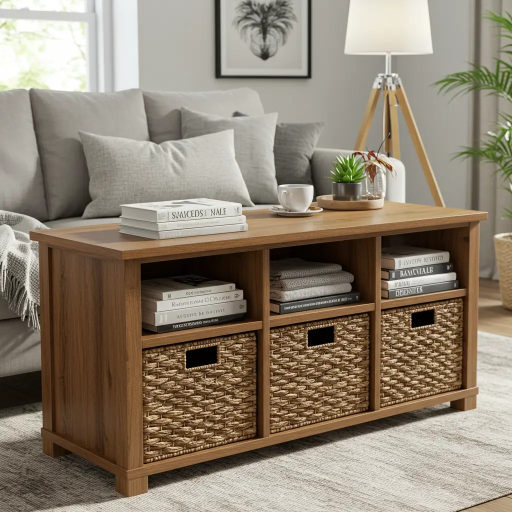 Sofa Table with Woven Basket Storage