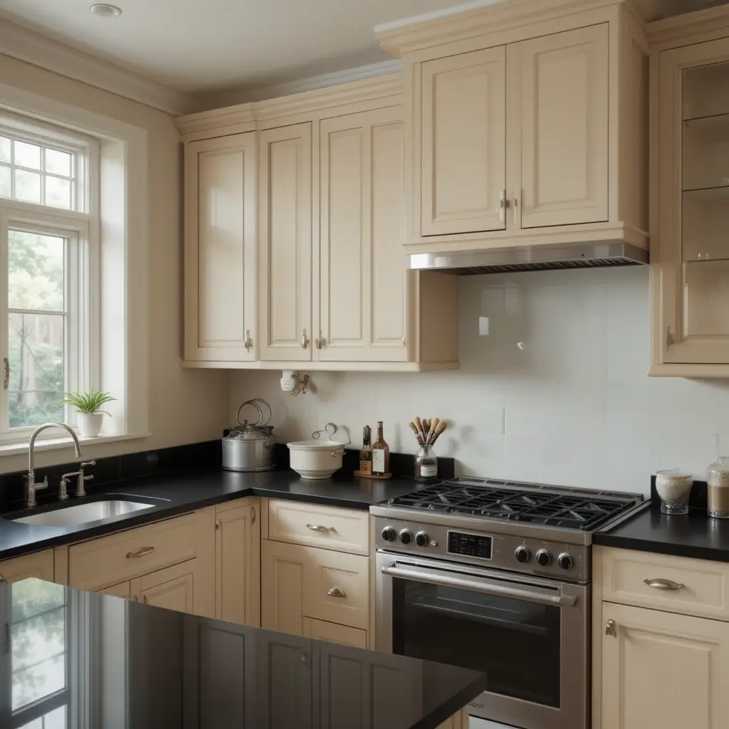 Soft Beige Cabinets with Black Counters