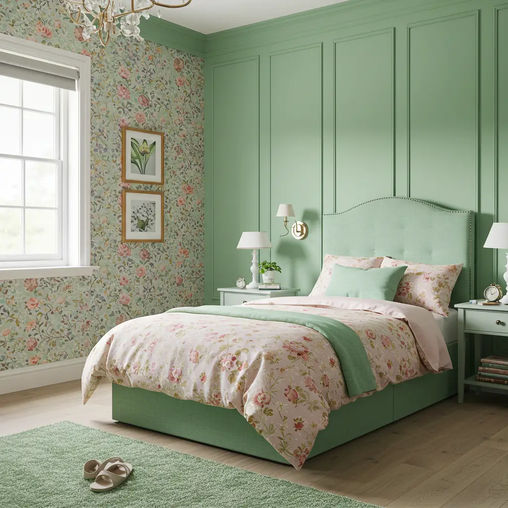 Soft Green with Floral Wallpaper Accent