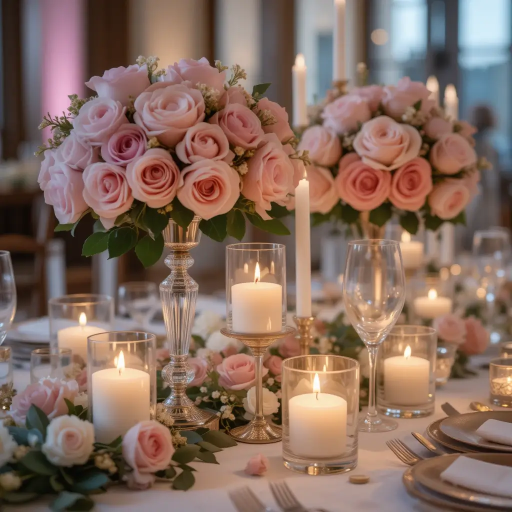 Soft Pink Roses and Candlelight in Elegant Holders