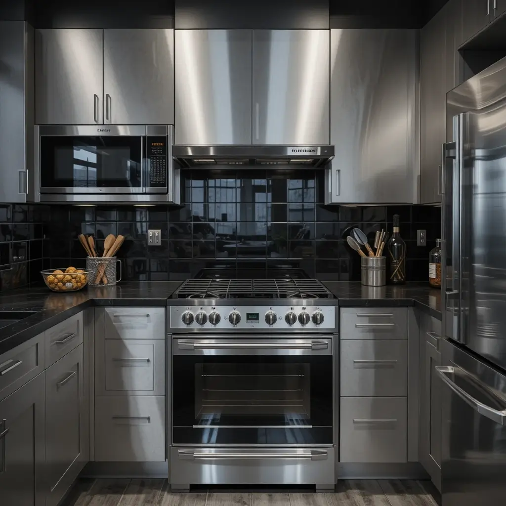 Stainless Steel Appliances with Black Counters