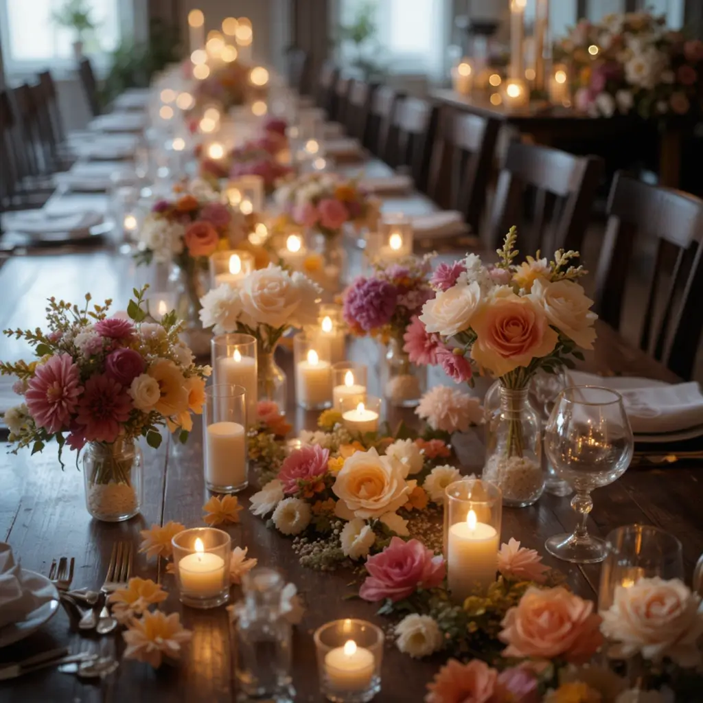 Tea Light Trails Among Small Floral Bouquets