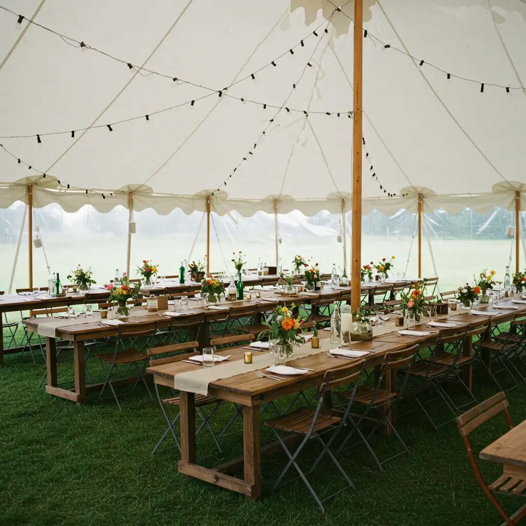 Tent with Rustic Wooden Tables