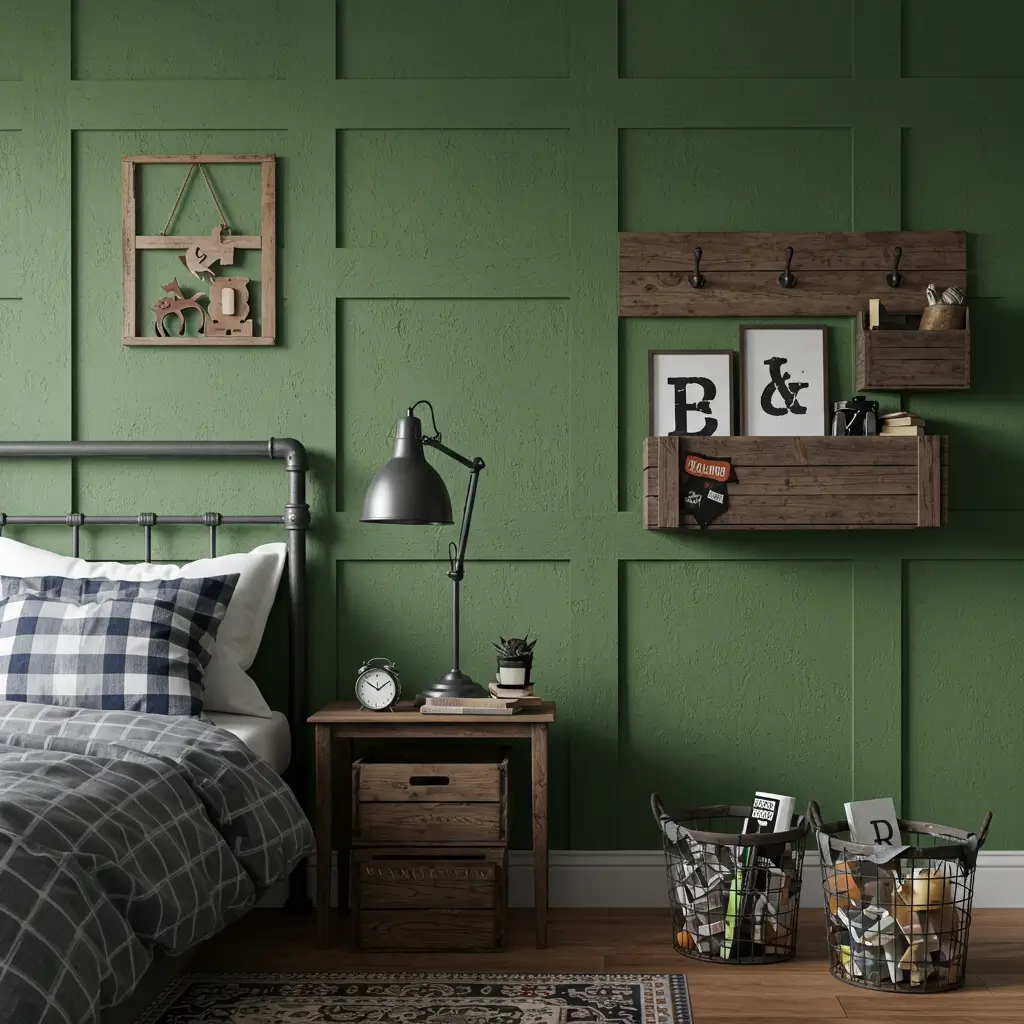 Textured Green Walls with Rustic Decor