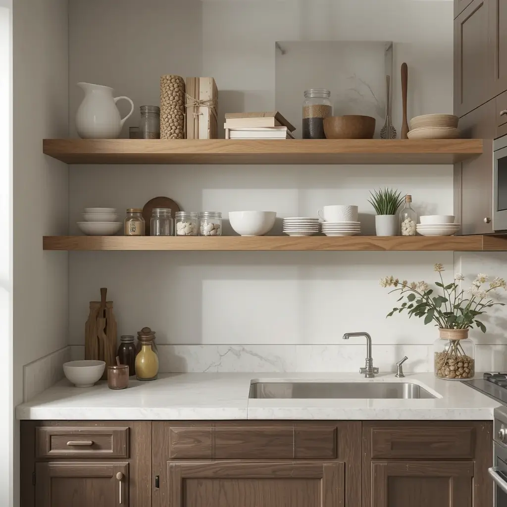 Try Floating Shelves with Brown Base Cabinets