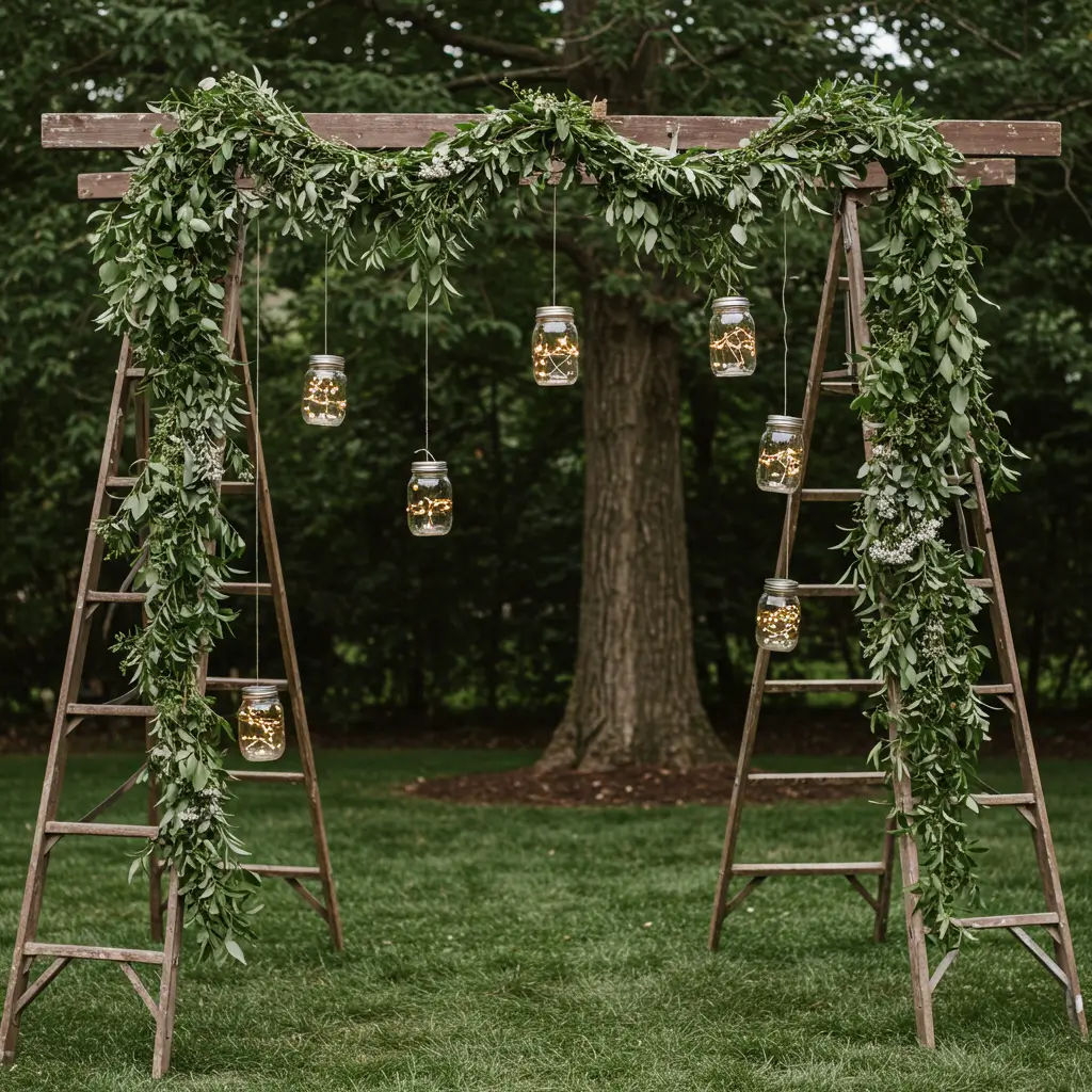 Vintage Ladder Arch with Greenery and Mason Jar Lights