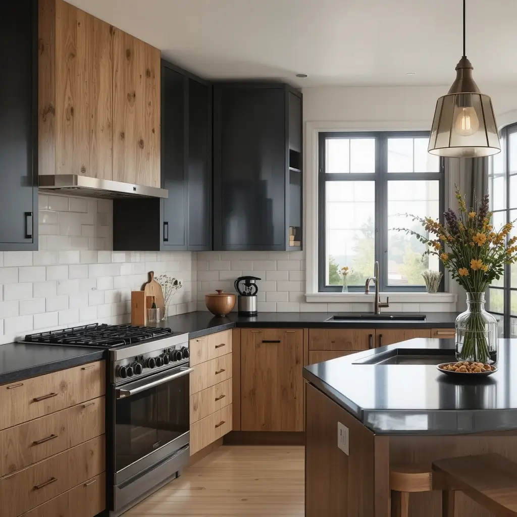 Warm Wooden Accents with Dark Counters