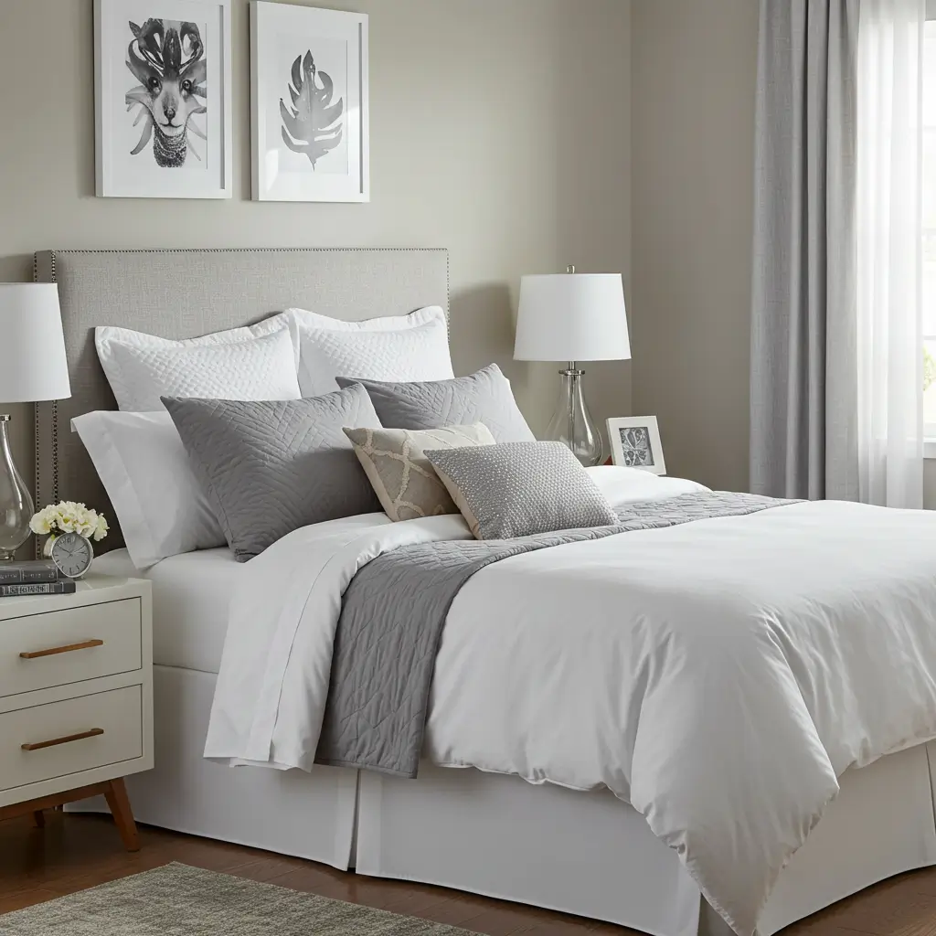White Bedding with Grey Pillows