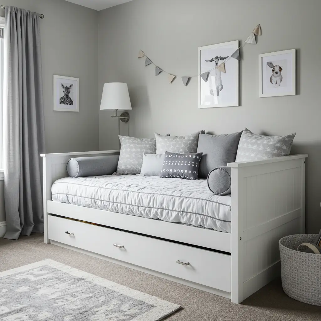 White Daybed with Grey Cushions
