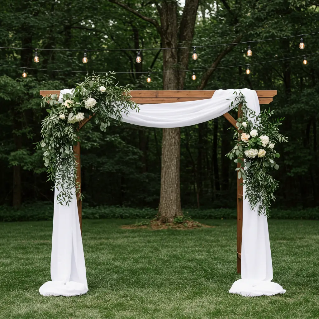 White Draped Arch with Greenery and Edison Bulbs