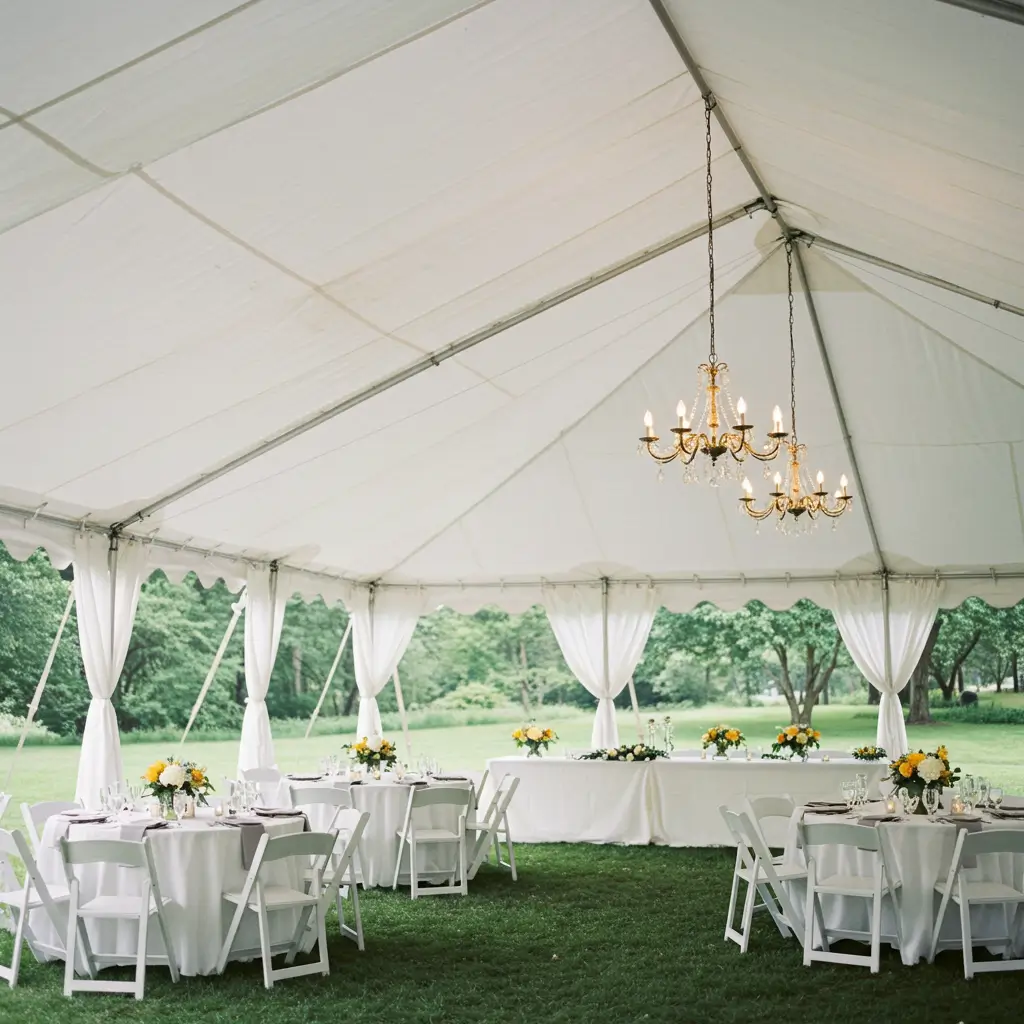 White Draped Tent with Chandeliers