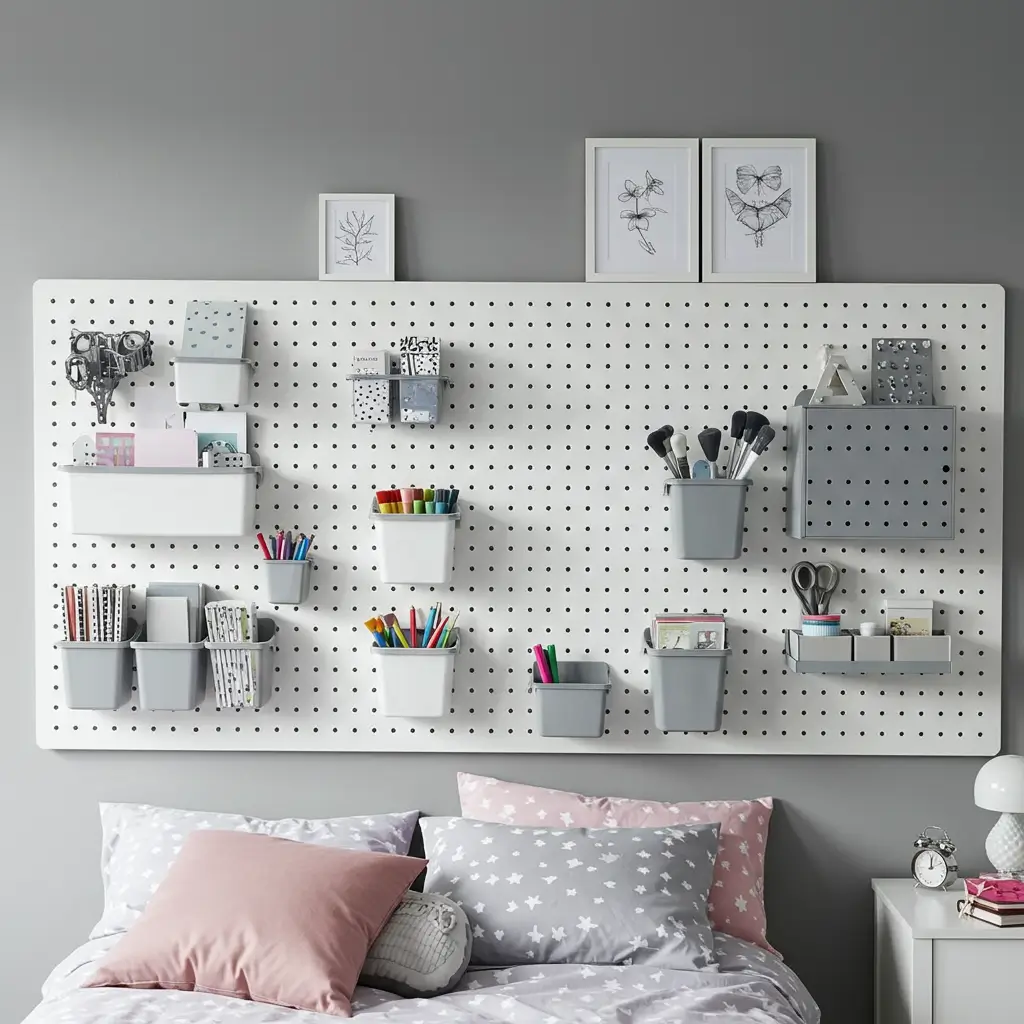 White Pegboard Wall with Grey Accessories