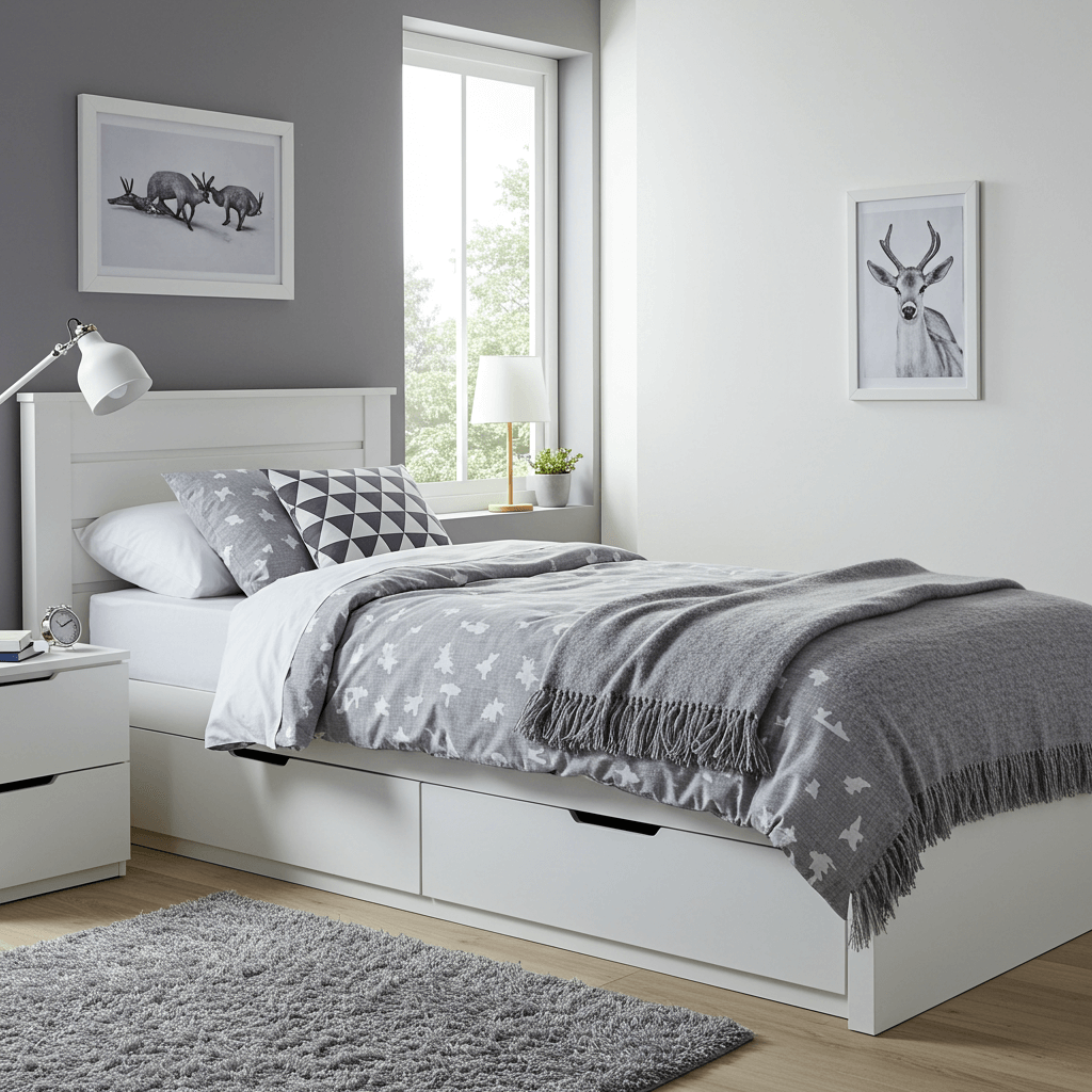 White Platform Bed with Grey Throw Blanket